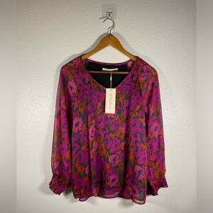 NWT ESQUALO SMOCKED CUFF FLORAL FLOWY BLOUSE SIZE 6 / medium F18